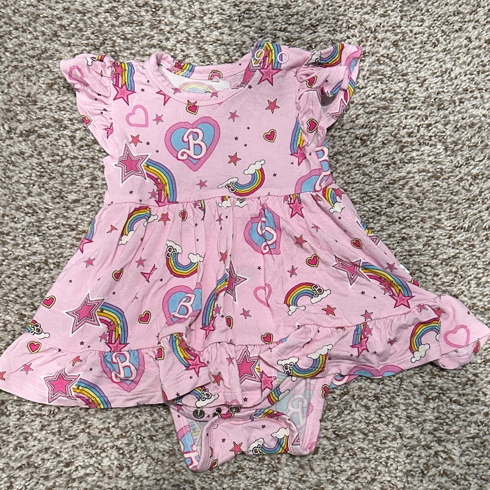 POSH PEANUT - BARBIE STAR POWER RUFFLED TWIRL BODYSUIT DRESS - 0-3 MONTHS / PINK